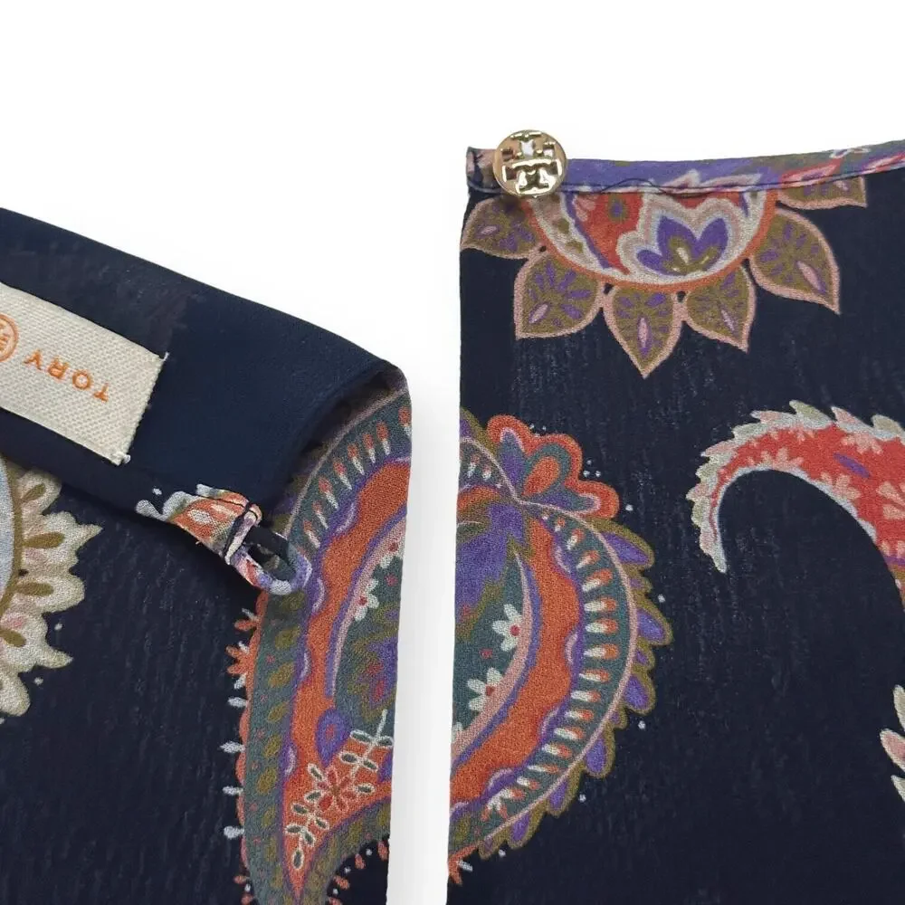TORY BURCH 100% Silk Paisley Jumpsuit Sleeveless Blue Boho Wide Leg Cottagecore
